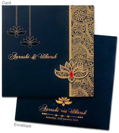 Blue And Gold Wedding, Hindu Wedding Invitation Cards, Simple Wedding Cards, Wedding Card Design Indian, Marriage Invitation, Marriage Invitation Card, Muslim Wedding Cards, Hindu Wedding Invitations, Unique Wedding Cards