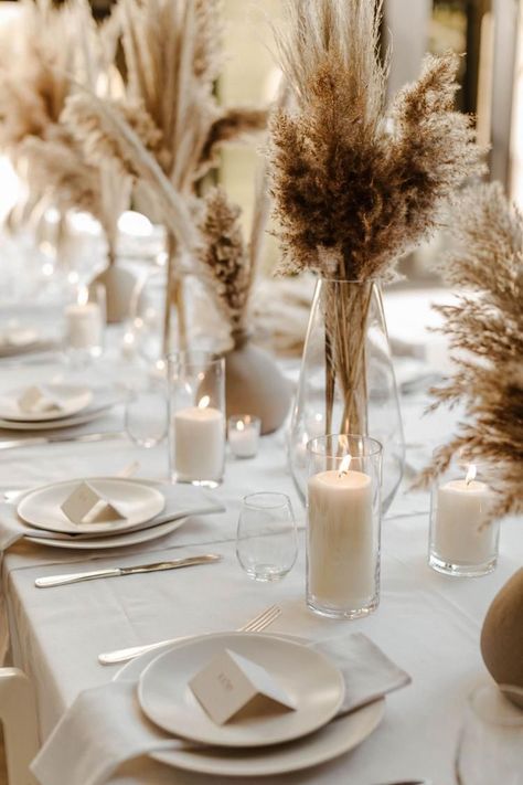 Boho Wedding Pampas Decor, Wedding Aesthetic Neutral, Wedding Centerpieces Boho Chic, Pampas Dinner Table Decor, Wedding Table Decorations For Rectangle Tables, Boho Classy Wedding Decor, Boho Wedding Astethic, Boho Beach Table Decor, Wedding Decoration Pampas