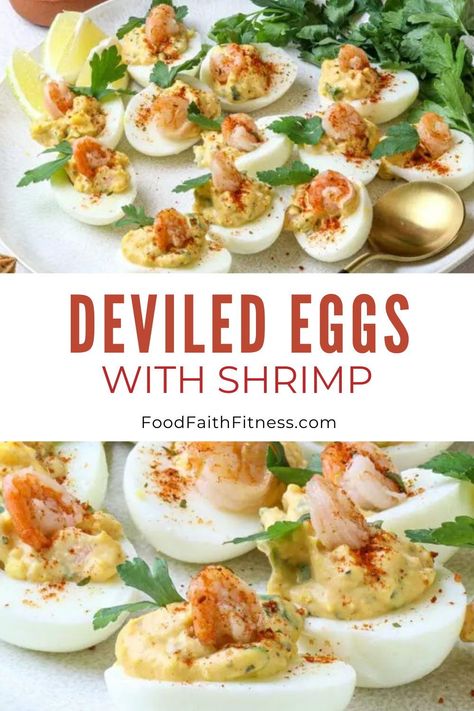 Combine your favorite appetizers to make Deviled Eggs with Shrimp—complete with mustard, mayonnaise, and Old Bay seasoning. Deviled Eggs With Shrimp, Shrimp Deviled Eggs, Clean Eating Snack Recipes, Dairy Free Low Carb, Best Deviled Eggs, Snack Smoothie, Slow Cooker Pasta, Easy Healthy Eating, Low Carb Vegetarian