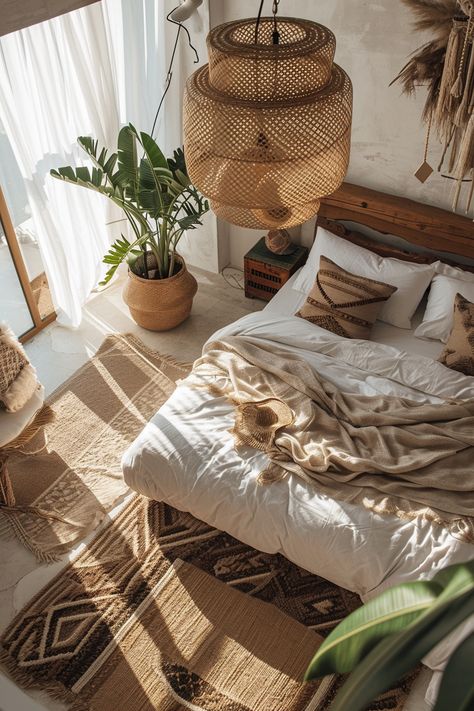 Interior Design Bohemian Modern, Over Bed Decoration, Bohemian Home Aesthetic, One Room Apartment Aesthetic, Bohemian House Design, Home Aesthetic Ideas, Warm Cozy Home Decor, Bohemian Modern Bedroom, Home Inspiration Modern