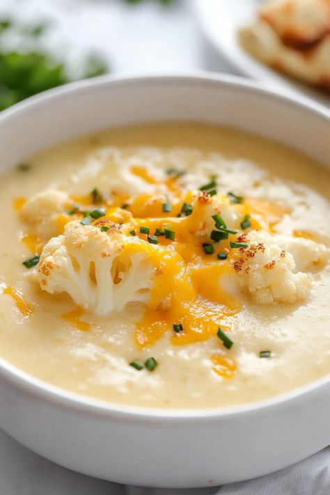 Creamy and comforting, this homemade cauliflower cheese soup blends roasted cauliflower with sharp cheddar for a rich, savory bowl perfect for chilly days. Pioneer Woman Cheesy Cauliflower Soup, Roasted Cheddar Cauliflower Soup, Zupas Cauliflower Soup, Cheese Cauliflower Soup, Cheddar Cauliflower Soup, Cream Of Cauliflower Soup, Cauliflower Cheddar Soup, Cauliflower Cheese Soup, Cheesy Soup