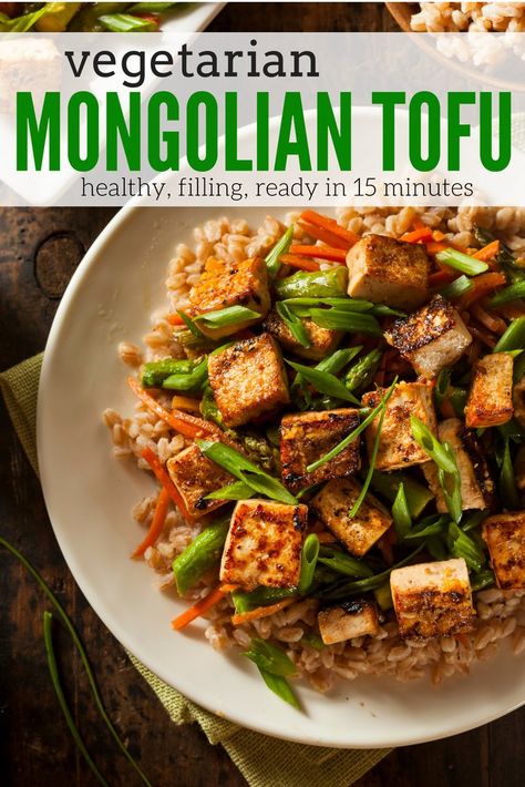 Mongolian Tofu - Slender Kitchen. Works for Clean Eating, Gluten Free, Vegan, Vegetarian and Weight Watchers® diets. 188 Calories. Mongolian Tofu, Tofu Recipes Vegan, Slender Kitchen, Tempeh Recipes, Tofu Dishes, Vegan Tofu, Vegan Asian, Vegan Main Dishes, Seitan