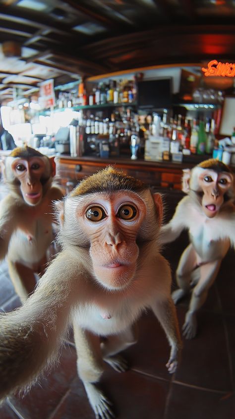 📸🐒 Get ready for some monkey business! This adorable family of monkeys is having a blast taking selfies at the bar! 🎉 With one cheeky little guy up close to the camera and the fisheye lens capturing all the fun, who knew these playful primates could be such great photobombers? 😂🍹 Join in on the laughter and grab a drink with this wild crew! 🐒🍻 #MonkeySelfies #BarFun #FamilyVibes #FisheyeLens... Monkey Selfie, Selfie Party, Steampunk Robot, Fisheye Lens, Fish Eye Lens, Taking Selfies, Monkey Business, Marriage Relationship, Men’s Health