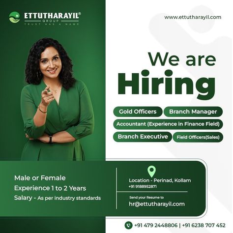 We are hiring for various positions for our Perinad, Kollam branch. Interested candidates drop your CV s to hr@ettutharayil.com. Contact Number-0479 2448806, 9188952871 . . . #wearehiring #availablejobs #hiringnow #hiringurgently #newjob #jobvacancy #Jobsinkerala #hiring #Kerala #ettutharayil #finance #goldloan #loan #savings #financialplanning #money #business #investing #investment #financialfreedom Hr Logo, Hiring Poster, Digital Advertising Design, Church Media Design, Real Estate Marketing Design, Packaging Template Design, Banner Design Inspiration, Social Media Advertising Design, Creative Jobs