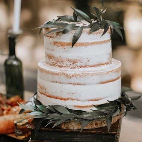 @nakedpatisserie on Instagram: “A simple 2-tier semi naked cake perfect for the rustic banquet theme of the pre-wedding shoot of #XavingDaniForever 📷: @niceprintphoto” Jesus Peiro Wedding Dress, Greenery Cake, Semi Naked Wedding Cake, Semi Naked Cake, Cake Rustic, Foliage Decor, Early Spring Wedding, Fall Elopement, Wedding Backyard