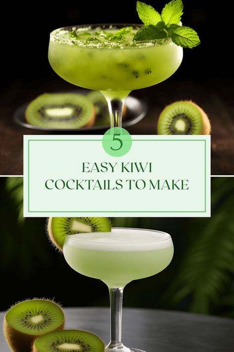 Discover how to whip up 5 delicious kiwi cocktails in just a few minutes. From the zesty Kiwi Margarita to the smooth Gin Kiwi Sour and refreshing Kiwi Cooler Mocktail, each drink brings a wave of vibrant flavors to your glass. Perfect for summer gatherings or a cozy night in, these cocktails use fresh kiwi to offer a fun twist on classic favorites. Impress your friends or treat yourself to these simple yet delightful recipes that are perfect for any occasion. Cheers to refreshing drinks! Kiwi Mocktail Recipes, Kiwi Cocktail Recipes, Kiwi Cocktails, Kiwi Margarita, Kiwi Cocktail, Kiwi Drink, Kiwi Berries, Apple Drinks, Berry Drinks