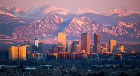 Downtown Denver In The Morning Denver Colorado Landscape, Denver Colorado Aesthetic, Denver Aesthetic, Dream Roadtrip, Denver Colorado Downtown, Denver Mountains, Colorado Aesthetic, Advertisement Examples, Colorado Life