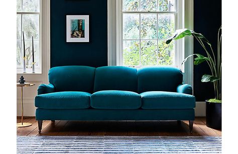 One Kings Lane - Hayes 3-Seat Sofa | One Kings Lane Teal Velvet Sofa, Velvet Sofa Living Room, Chocolate Sofa, Velvet Room, Mackenzie Childs Inspired, Luxe Living Room, Rolled Arm Sofa, Blue Sofa, Cushion Filling