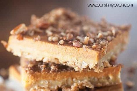 Pumpkin Pie Bars with Pecans and Oatmeal - so good! Unique Fall Desserts, Pecan Bar, Pumpkin Pecan Pie, Pumpkin Pie Bars, American Desserts, Pecan Pie Bars, Pumpkin Bars, Pie Bars, 12 Tomatoes