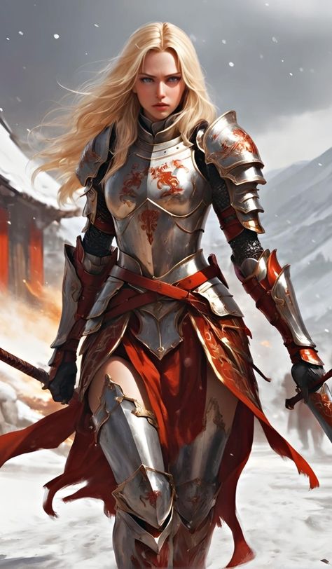 Female Knight - Fonte: Leonardo AI, PicsArt #aiart #Artwork #artedigital #ai #fantasyart #femalewarriors #femaleknights #femalearmor Female Knight Character Design, Female Armor Art, Female Armor Design, Female Knight Costume, Female Knight Armor, Blonde Knight, Knight Lady, Knight Female, Knight Drawing