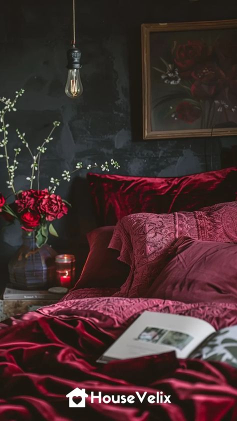 Rich Velvet Bedding Velvet Bedding Ideas, Dark Red Bedding, Dark Red Moody Bedroom, Dark Boho Bedroom Ideas, Chocolate Bedroom Ideas, Goth Red Bedroom, Brown Bedrooms, Maroon Bedroom, Chocolate Brown Bedrooms