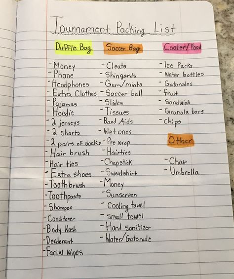 Softball Travel Ball Packing List, Soccer Backpack Essentials, Things To Pack For A Volleyball Tournament, Softball Travel Packing List, Soccer Trip Packing List, What To Pack For Soccer Tournament, Things To Bring To A Soccer Tournament, Soccer Bag Essentials List, Soccer Equipment List