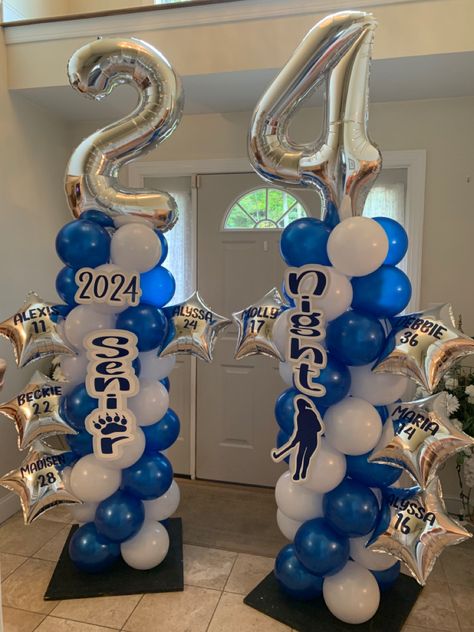 Senior Night Backdrop Ideas, Volleyball Senior Night Balloons, Water Polo Decorations, Volleyball Balloon Columns, Senior Night Decorations Soccer, Senior Night Gym Decorations Volleyball, Senior Night Balloon Arch, Volleyball Balloon Arch, Senior Night Decorations Volleyball