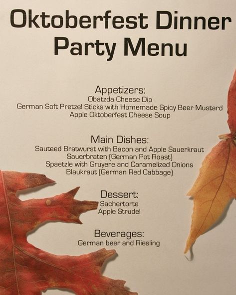 Fall Wedding Dinner Menu Ideas, German Dinner Party, Oktoberfest Dinner, October Dinner, Oktoberfest Hairstyle, Oktoberfest Menu, German Red Cabbage, German Dinner, Oktoberfest Recipes