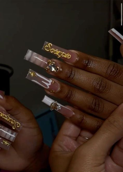 Kobe Year Birthday Nails, Nails For Scorpio Season, Zodiac Charm Nails, Nails 17 Birthday, Birthday Nails Inspo Virgo, Birthday Nails For Scorpio, Bling Acrylic Nails Birthday, Scorpio 21st Birthday, Scorpio Acrylic Nails Designs