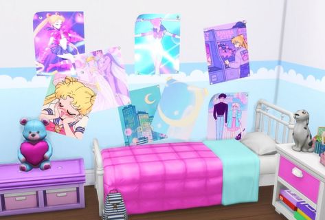 I Create Bedroom Sets for The Sims 4 — Anime Posters For The Sims 4 I made some anime... Little Mermaid Bedroom, Anime Room Decor, Club Bedroom, Mermaid Bedroom, Sims 4 Anime, Mermaid Figurine, Anime Room, Anime Posters, Anime Poster