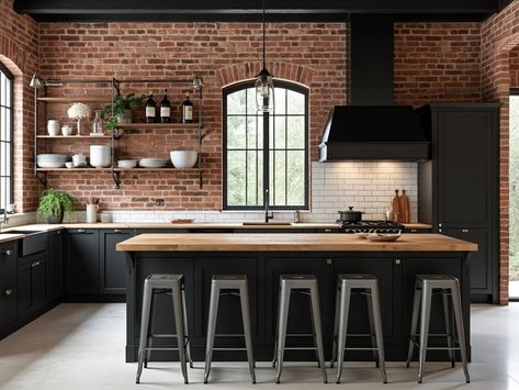 Transform your culinary space with this stunning industrial-style kitchen! Featuring exposed brick walls and sleek black cabinetry, the design highlights a spacious island with a butcher block countertop and chic metal barstools. Open shelving showcases your favorite dishware, while stylish pendant lights add the perfect finishing touch. 🍽️✨ Exposed Brick Walls Kitchen, Philly Townhouse, Kitchen With Exposed Brick, Wooden Benchtop, Kitchen With Brick, Kitchen With Brick Wall, Kitchen Brick Wall, Exposed Brick Kitchen, Brick Wall Kitchen