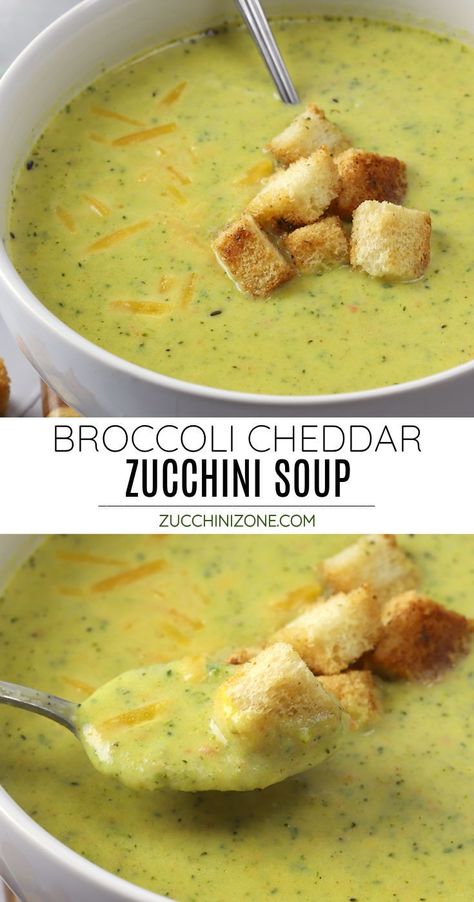 Broccoli cheddar zucchini soup recipe by Zucchini Zone. Broccoli cheddar zucchini soup is a hearty, comforting soup recipe that's filled with nutritious veggies. All you need is 30 minutes to have a bowl of this creamy, cheesy soup on the table. #broccolicheddarsoup #broccolizucchinisoup #zucchini #broccoli #cheese #soup #hearty #comfortfood #recipe Zucchini Puree Soup, Broccoli Squash Soup, Cheesy Zucchini Soup, Zucchini Cheddar Soup, Broccoli Zucchini Soup, Zucchini And Broccoli Recipes, Broccoli Zucchini Recipes, Stovetop Zucchini, Clean Soups