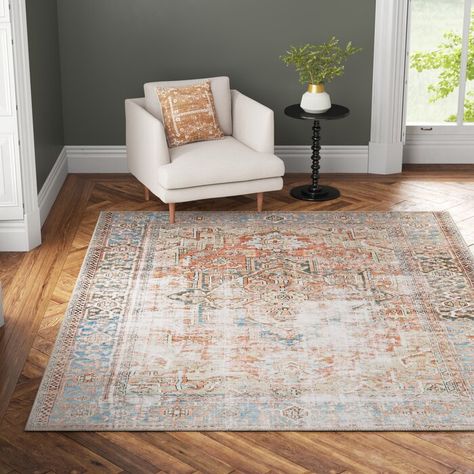 Joss & Main Skye Oriental Terracotta Area Rug | Wayfair Pretty Area Rugs, Retro Rugs, Indoor Door Mats, Indoor Doors, Boho Area Rug, Large Area Rugs, Vintage Area Rugs, Washable Area Rugs, Machine Washable Rugs