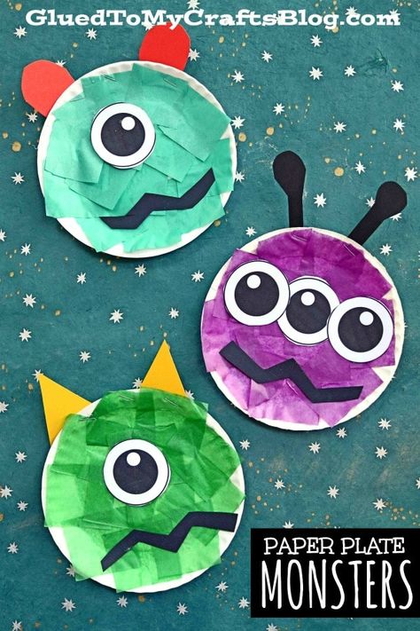 Paper Plate Monster - A Fun Kid Craft Idea For Halloween! Space Crafts For Kids, Alien Crafts, Idea For Halloween, Halloween Crafts Preschool, Monster Craft, Halloween Crafts For Toddlers, Monster Crafts, Halloween Arts And Crafts, Toddler Arts And Crafts