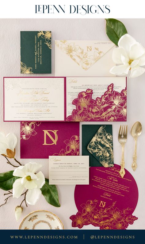 I designed these gorgeous garden inspired bifold wedding invitations bringing all the drama with rich orchid purple and emerald green! #weddinginvitations #fuschiainvites #2024weddingtrends #weddingtrends #goldfoil #bifold #diecutenvelope #floralinvitations, #floralinvites #floralwedding #floralweddinginvitations #gardeninspiredwedding #gardenthemedwedding #gardenwedding #lepenndesigns #lepenn Emerald Green Wedding Invitations Style, Pocketfold Wedding Invitations, Pastel Invitation, Velvet Invitation, Garden Inspired Wedding, Magenta Wedding, Wedding Invitation Styles, Folded Wedding Invitation, Pocketfold Invitations