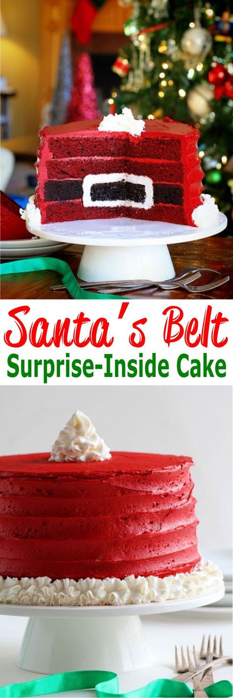 Santa’s Belt Surprise-Inside®️ Cake | If you're looking for festive desserts recipes for Christmas, your family will love this Santa's Belt Cake with a surprise inside! You can either use a box mix or from scratch recipe for red velvet cake and chocolate cake! This homemade cake is amazing, a sweet treat for the holiday and so damn delicious! For more simple and easy dessert recipes to make, check us out at #iambaker. #cakes #desserts #yummydesserts #recipeoftheday Festive Dessert Recipes, Surprise Inside Cake, Easy Christmas Cake Recipe, Christmas Cakes Easy, Santa Belt, Inside Cake, Festive Desserts, Christmas Cake Recipes, Homemade Cake