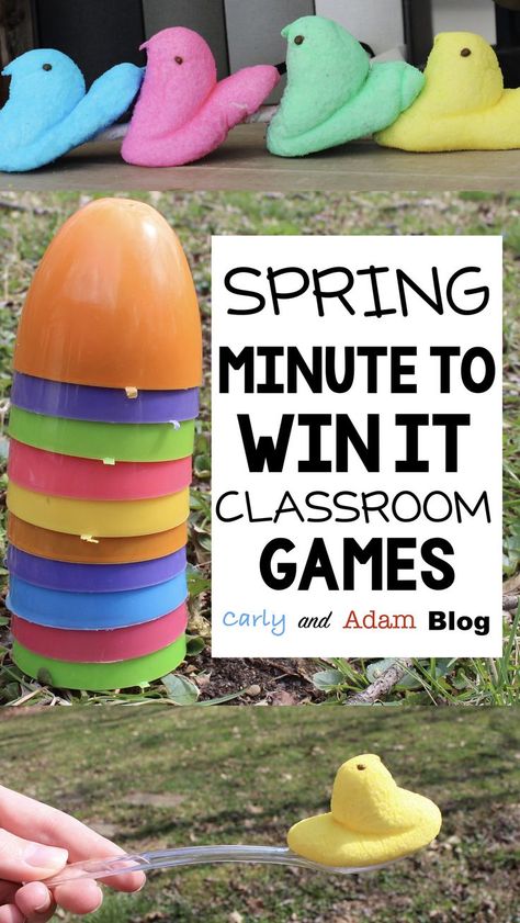 Spring Minute to Win It Games for the Classroom Spring Party Games For Kids Classroom, Spring Minute To Win It Games, Spring Games For Kids Classroom, Bugle Bites, Joey Scouts, Bunny Breakfast, Spring Party Games, Spring Stem Activities, Easter Camping