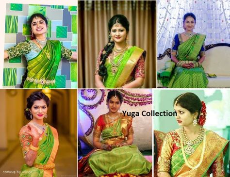 Parrot Green Kanjeevaram Bridal sarees with contrast Blouse combination Sarees With Contrast Blouse, Saree Contrast Blouse, Parrot Green Saree, The Golden Lady, Royal Blue Saree, Parrot Costume, South Indian Bridal Jewellery, Blue Silk Saree, Half Saree Lehenga