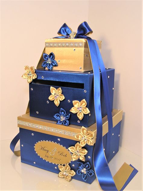 Gold Card Box, Royal Blue Quince, Royal Blue Quinceanera, Sweet 15 Party Ideas, Beauty And The Beast Theme, Money Box Wedding, Quince Decorations, Blue Quince, Card Box Holder