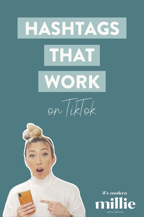 A Pinterest graphic with text that reads: Hashtags that work on TikTok! By It's Modern Millie featuring a cut out picture of Millie pointing at her phone. Grow On Tiktok, Grow Your Tiktok, Cool Hashtags, Hashtag Strategy, Tiktok Growth, Go Viral On Tiktok, Social Media Course, Engagement Videos, Social Media Content Strategy