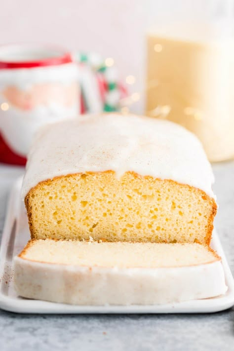 Recipe With Eggnog, Eggnog Loaf, Recipes Using Eggnog, Loaf Ideas, Eggnog Bread Recipe, Leftover Eggnog, Eggnog Cake Recipe, Christmas Loaf, Dishes Aesthetic