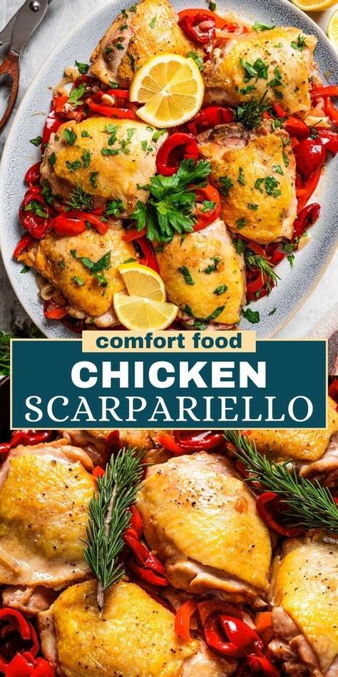 This Chicken Scarpariello is one of the most colorful, flavorful dishes ever. Perfectly seared chicken is finished in a bright sauce of onions, garlic, bell peppers, spicy Peppadew peppers, and more. Chicken Scarpariello Recipe, Dinner To Impress, Diethood Recipes, Chicken Scarpariello, Clean Bulk, Peppadew Peppers, Comforting Food, Chicken Head, Mediterranean Foods