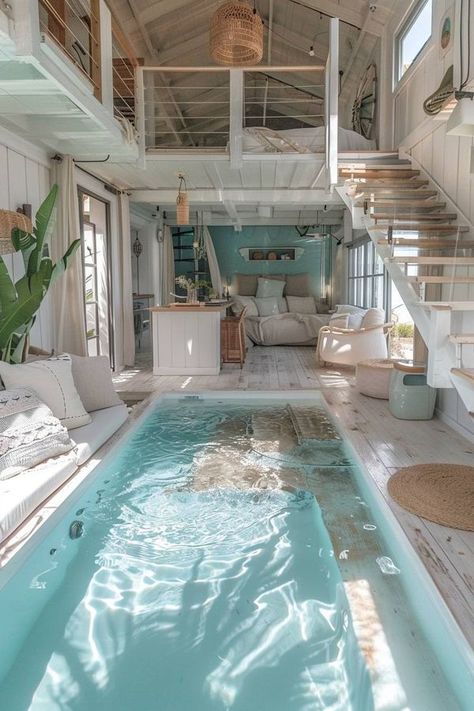 Tiny house 01 Beach Aesthetic Home, Tropical Beach House Design, Tiny Beach House Interior, Tiny House Aesthetic, Small Beach House Interior, Small Beach House, Beachside House, Beach Tiny House, Compact Room