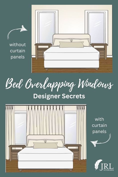 making a bed overlapping windows look good Bedroom Bed Between Two Windows, Master Bedrooms Functional, Curtains Over Two Windows, Bed 2 Windows, Master Bedrooms With Bed Between Windows, Master Bedrooms Decor With Windows, Bedroom With Too Many Windows, Bedside Table In Front Of Window, Bedroom With 4 Windows