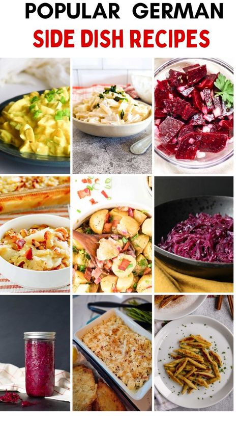 Collage of popular German side dishes, including potatoes, beets, cabbage, and sauces. Authentic German Side Dishes, Easy German Side Dishes, German Vegetable Side Dishes, German Vegetables, German Food Recipes Authentic, German Mushrooms, German Sides, Bavarian Potato Salad, Red Beets Salad