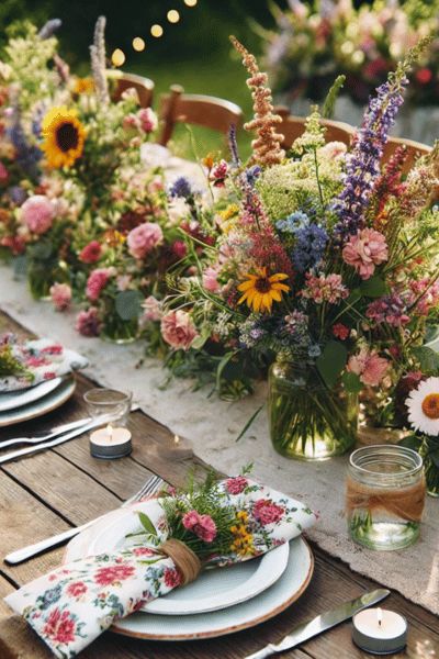 51 Beautiful Wildflower Themed Wedding Ideas - Wedding Hacked Wild Flower Outdoor Wedding, May Wildflower Wedding, Rustic Wedding Decor Wildflowers, Affordable Floral Wedding, White Roses And Wildflowers, Outdoor Table Wedding, Wildflower Whimsical Wedding, Wild Flowers Wedding Table, Wildflower Florals Wedding