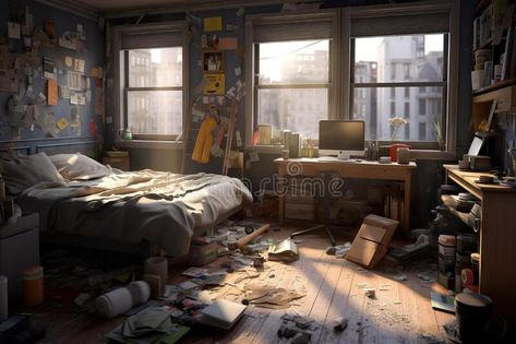 A messy bedroom with lots of clutter on the floor. Generative AI image. royalty free stock photos Messy Room Concept Art, Bedroom Reference Photo, Immersive Bedroom, Concept Art Bedroom, Messy Room Art, Dystopian Room, Messy Room Drawing, Messy Apartment Aesthetic, Crowded Bedroom