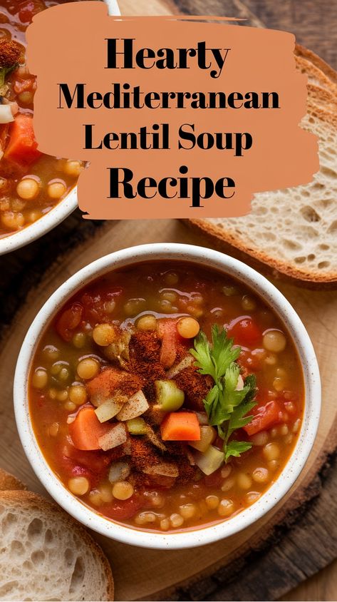 Hearty Mediterranean lentil soup with vegetables and herbs, served with rustic bread. Lentil Breakfast Recipes, Mediterranean Lentil Soup, Best Lentil Soup, Lentil Soups, Best Lentil Soup Recipe, Lentil Soup Recipe, Lentil Soup Recipes, New Year's Eve Recipes, Vegan Soups