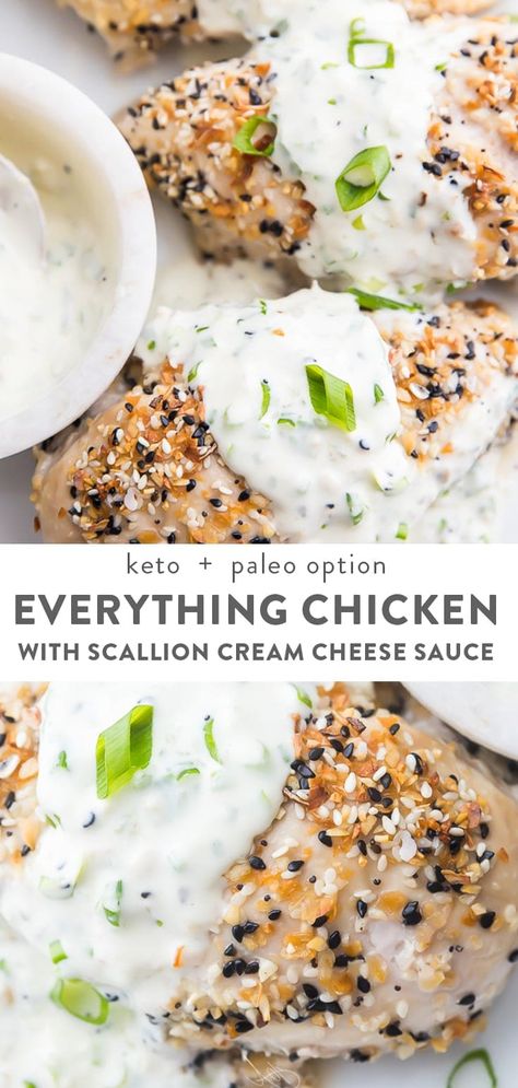 This Everything Bagel chicken with scallion cream cheese sauce is pure heaven! With Everything Bagel seasoning, it's easy, keto, low carb, & paleo option. Everything Bagel Chicken, Scallion Cream Cheese, Everything But The Bagel Seasoning, Cream Cheese Sauce, Everything But The Bagel, Bagel Seasoning, Cream Cheese Chicken, Dairy Free Options, Think Food