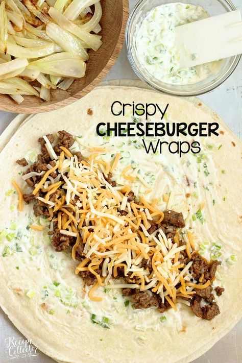 Crispy Cheeseburger Wraps - A crisp wrap filled with all the good cheeseburger fixings including smothered onions and a garlic and green onion mayo. Cheeseburger Wraps, Healthy Wraps, Diner Recept, Green Onion, Wrap Recipes, Wrap Sandwiches, Lunch Snacks, Beef Dishes, Quesadillas