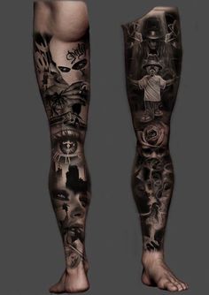 Leg Sleeve Design, Calf Sleeve Tattoo, Black And Gray Ink Tattoo, Back Of Leg Tattoos, Best Leg Tattoos, Egyptian Tattoo Sleeve, Full Leg Tattoos, Gangsta Tattoos, Realistic Tattoo Sleeve