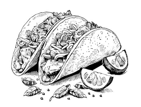 Taco sketch hand drawn food restaurant b... | Premium Vector #Freepik #vector #tacos #tortilla #mexican-food #wrap Mexican Sketches, Taco Sketch, Mexican Food Drawing, Food Illustration Art Graphics, Food Sketch Illustration, Tacos Drawing, Food Drawing Sketches, Taco Tattoo, Taco Illustration