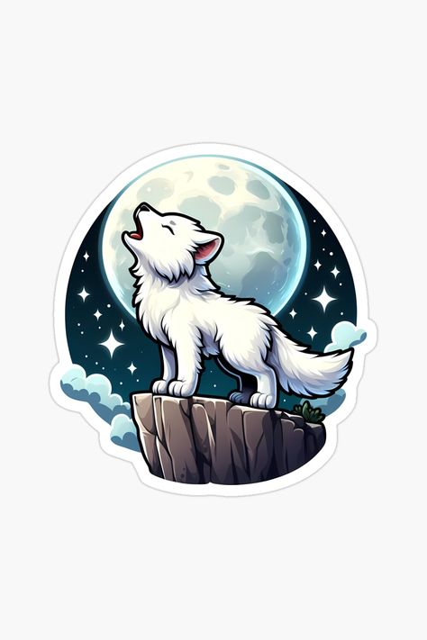 Cute White Wolf Howling On The Moon At The Top Of A Cliff Sticker Cute Wolf Art, White Wolf Art, Wolf Cute, Drawing Feelings, Wolf Sticker, Cute Wolf Drawings, Wolf Sketch, Fantasy Wolf, Cute Pokemon Pictures