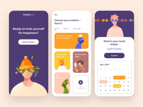 Mobile App - Happify by Outcrowd on Dribbble Apps Design Ideas, Calm App Design, Home Page App Design, App Ideas Inspiration, App Mobile Design, Creative App Design, Website Moodboard, To Do App, Wellness App