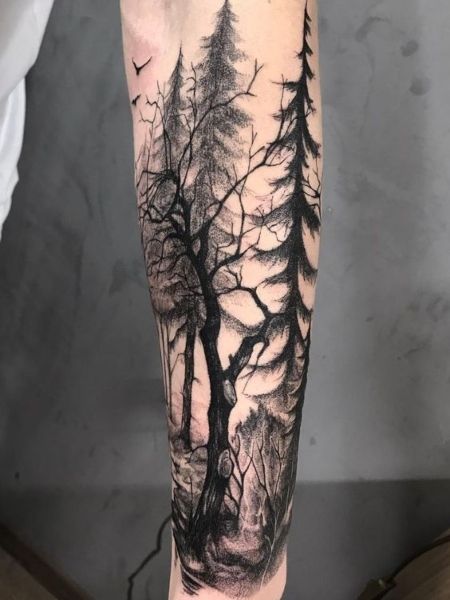 20 Unique Half Sleeve Tattoos for Women in 2021 - The Trend Spotter Forest Tattoo Sleeve, Tree Sleeve Tattoo, Font Tato, Tree Sleeve, Unique Half Sleeve Tattoos, Tree Tattoo Men, Scene Tattoo, Nature Tattoo Sleeve, Marvel Tattoos