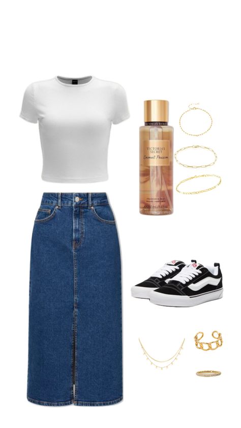 #jupe#jean#bijoux#brume#victoria#top#vans Chruch Outfits, Looks Total Jeans, Cute Highschool Outfits, Skirt Inspiration, Chic Dress Classy, Mode Zara, Modesty Outfits, Cute Modest Outfits, Earthy Outfits