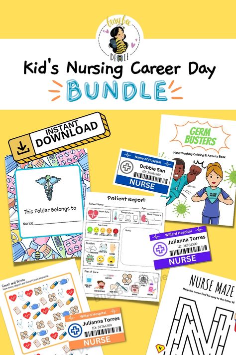 This Printable Nurse Bundle for Kids is the perfect resource for Career Day or Nurse Week! It includes coloring pages, activities, ID badges, patient report sheets and folder covers. Plus, check out my blog for a free lesson plan and goodie bag ideas! With this bundle, kids will have fun while learning about the important role of nurses in healthcare.

Visit my blog post! Copy & Past the link ⬇️
https://payhip.com/BusyBeeDebbie/blog/nurse-life/nursing-101-my-first-elementary-teaching-demo Great American Teach In Nurse Ideas, Career Day Nurse Presentation, Nurse Career Day Ideas, Career Day Nurse Presentation For Kids, Nurse Career Day Ideas For Kids, Career Day Nurse, Nurse Career Day, Nurse Bundle, Coloring Pages Activities