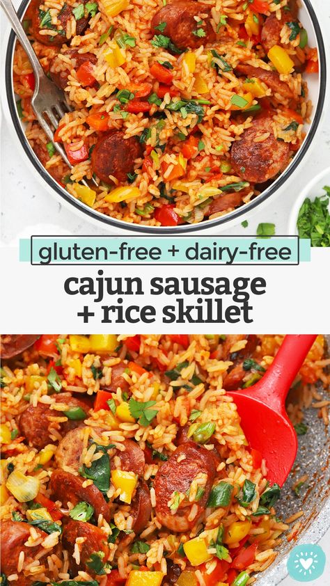 Cajun Sausage And Rice Skillet, Cajun Sausage And Rice, Sausage And Rice Skillet, Gluten Free Dairy Free Recipes Dinner, Easy One Pan Dinner, Gluten Free Dairy Free Dinner, Sausage And Rice, Gluten Free Sausage, Gf Dinner