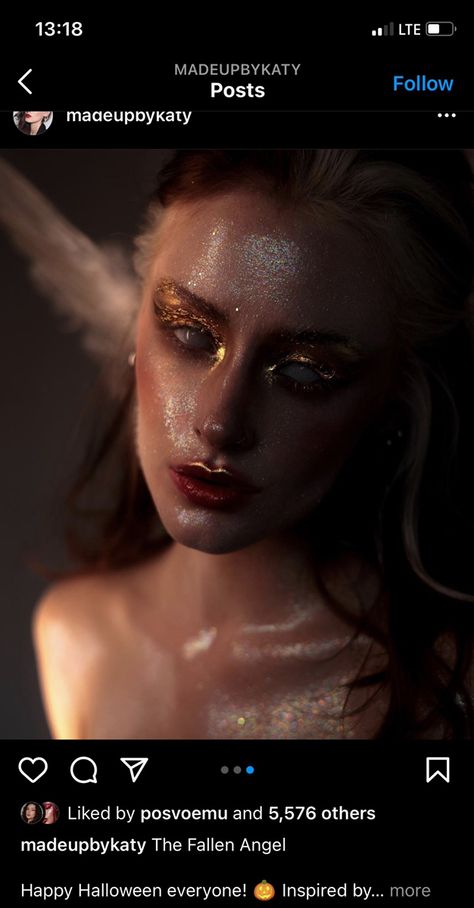 Angel Fantasy Makeup, Halloween Fallen Angel Makeup, Dark Angel Makeup Aesthetic, Creepy Angel Makeup, Fallen Angel Make Up Halloween, Golden Angel Makeup, Moon Goddess Makeup Halloween, Dead Angel Makeup, Angel Cosplay Makeup