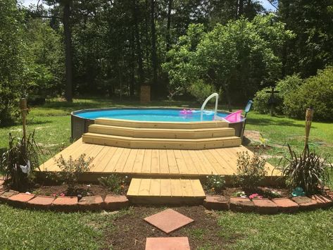 Platform Pool Deck, Build A Deck Around An Above Ground Pool, Small Deck Above Ground Pool, Above Ground Pool And Deck Ideas, Above Ground Pool With Fire Pit Area, Easy Diy Pool Deck, Small Deck Around Above Ground Pool, Floating Pool Deck, Deck Around Intex Above Ground Pool